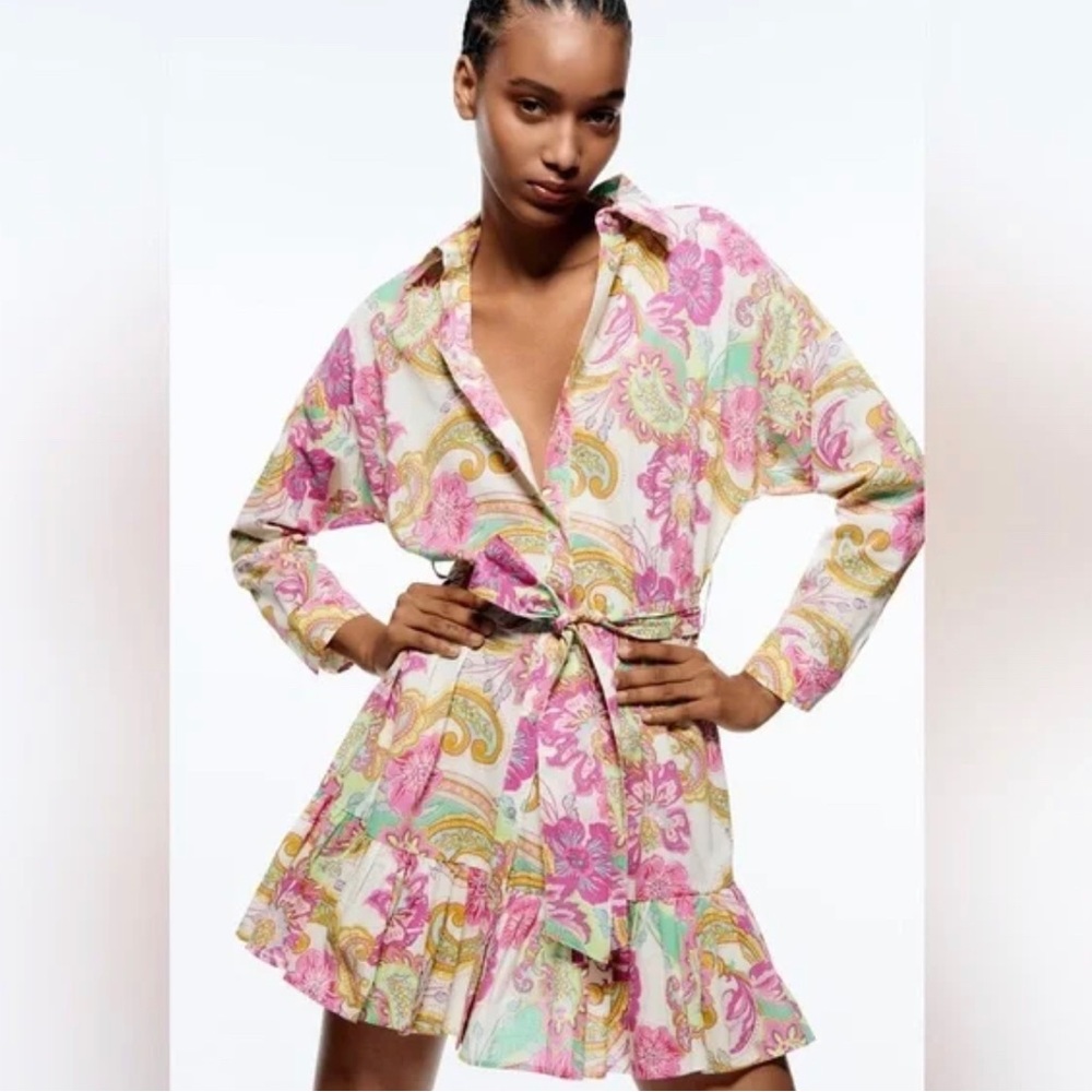ZARA FLORAL PAISLEY BELTED MINI DRESS  COLOR